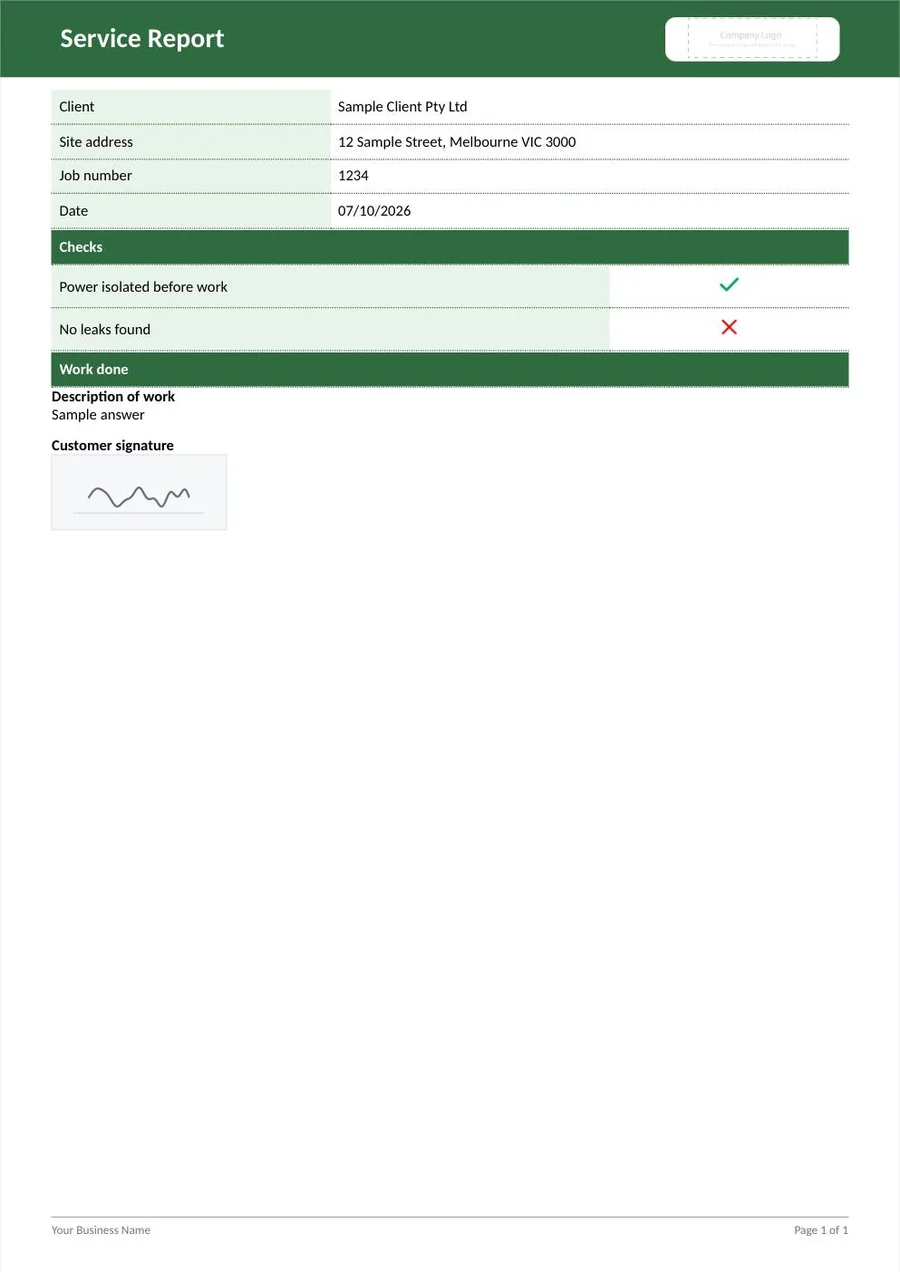 A sample Service Report in the look Green, band: a green band across the top and green section bars