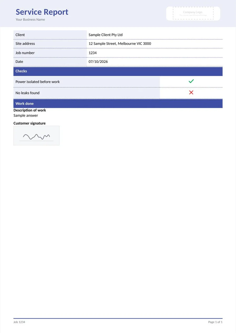 A sample Service Report in the look Indigo, soft band: a pale indigo band behind the title and indigo section bars