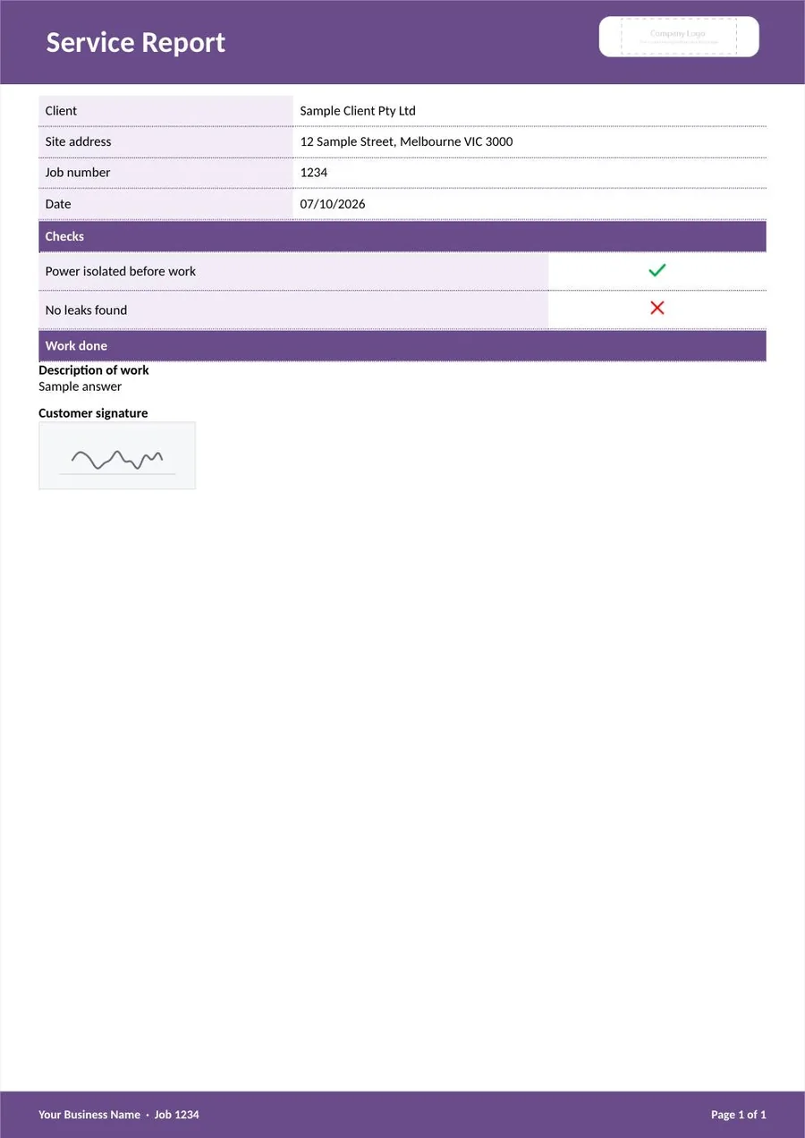 A sample Service Report in the look Purple, frame: slim purple bands across the top and the foot