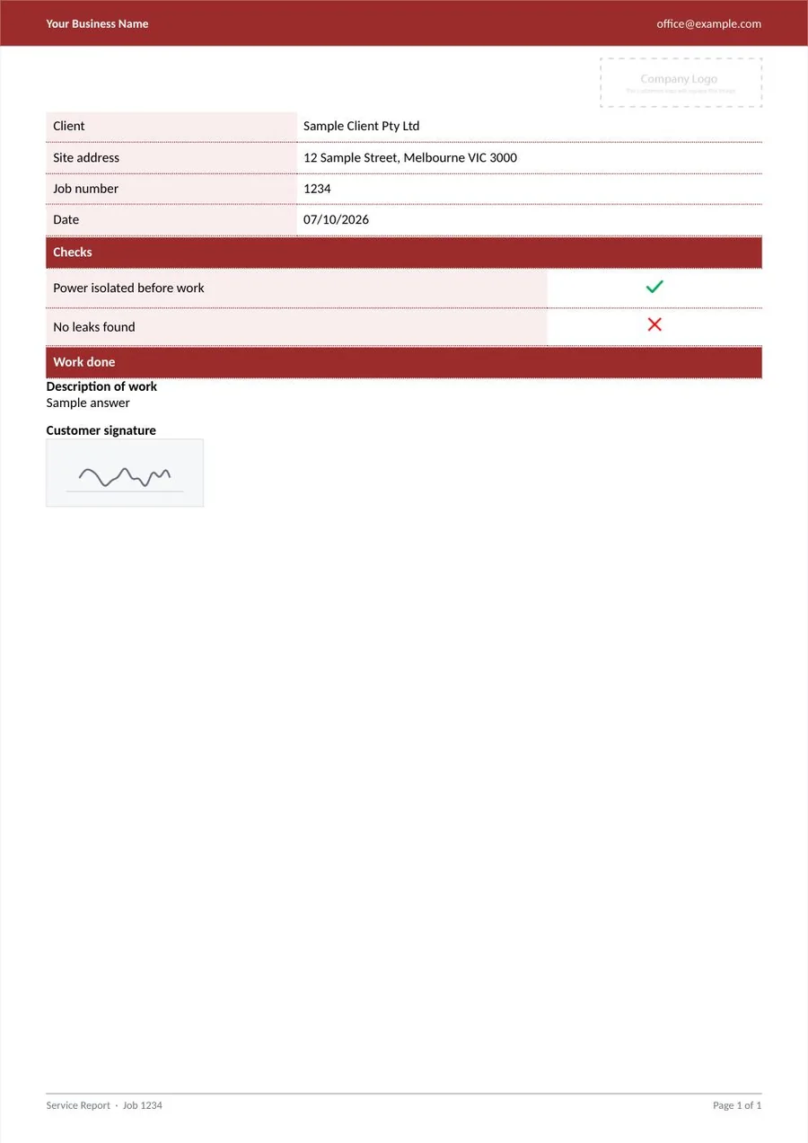 A sample Service Report in the look Red, slim band: a slim red band across the top and red section bars