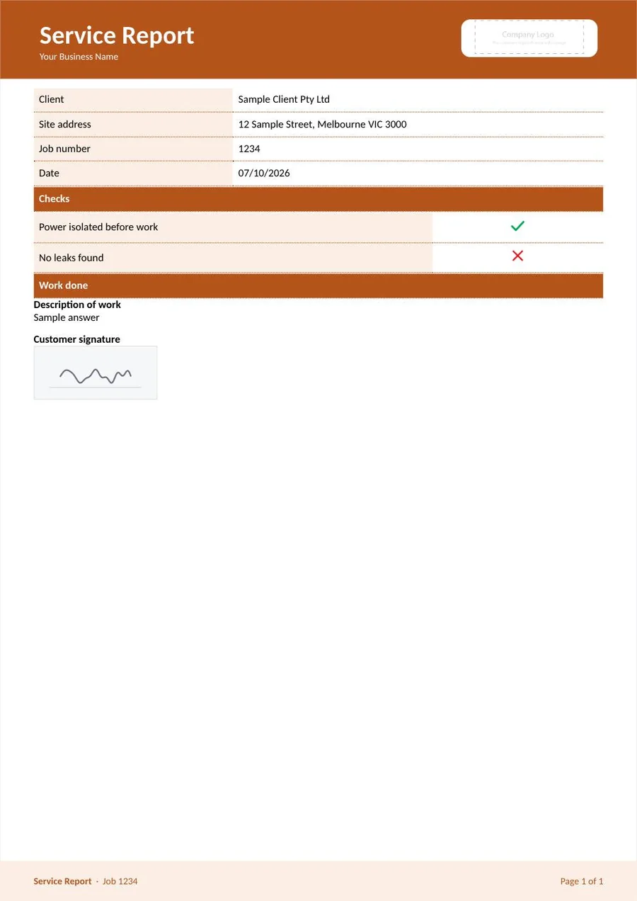 A sample Service Report in the look Rust, bold band: a rust band across the top with a white title, and rust section bars