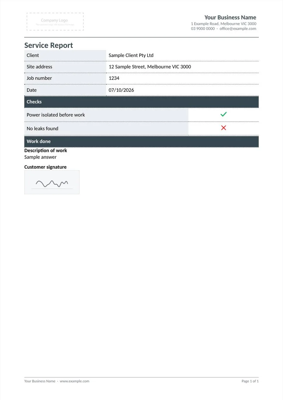 A sample Service Report in the look Slate, letter: a letter-style page in slate grey