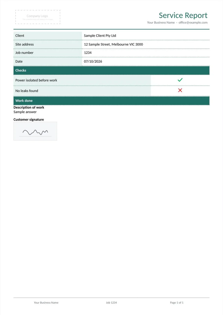 A sample Service Report in the look Teal, classic: a white header with the title in teal, thin teal rules and teal section bars
