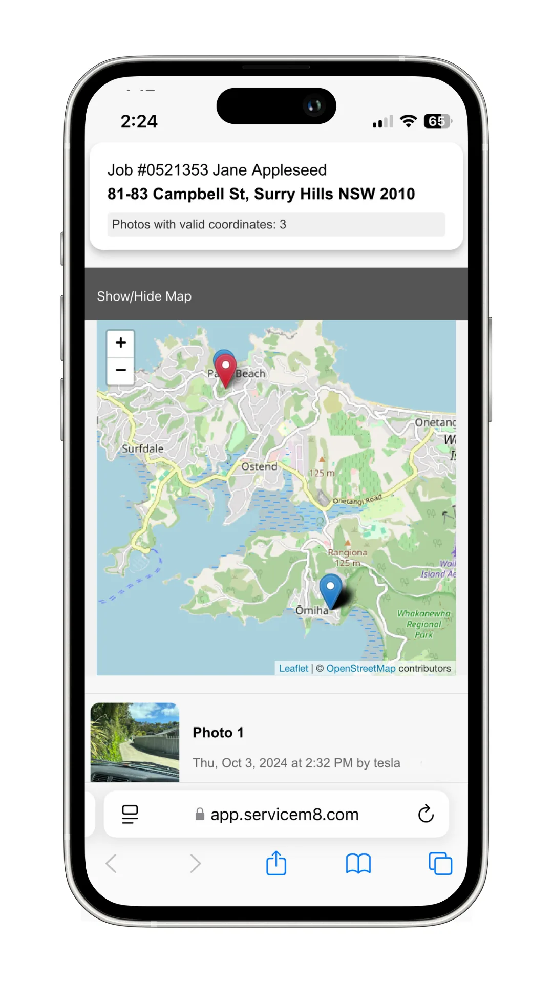 Photo GPS map view showing photo locations plotted relative to the job site