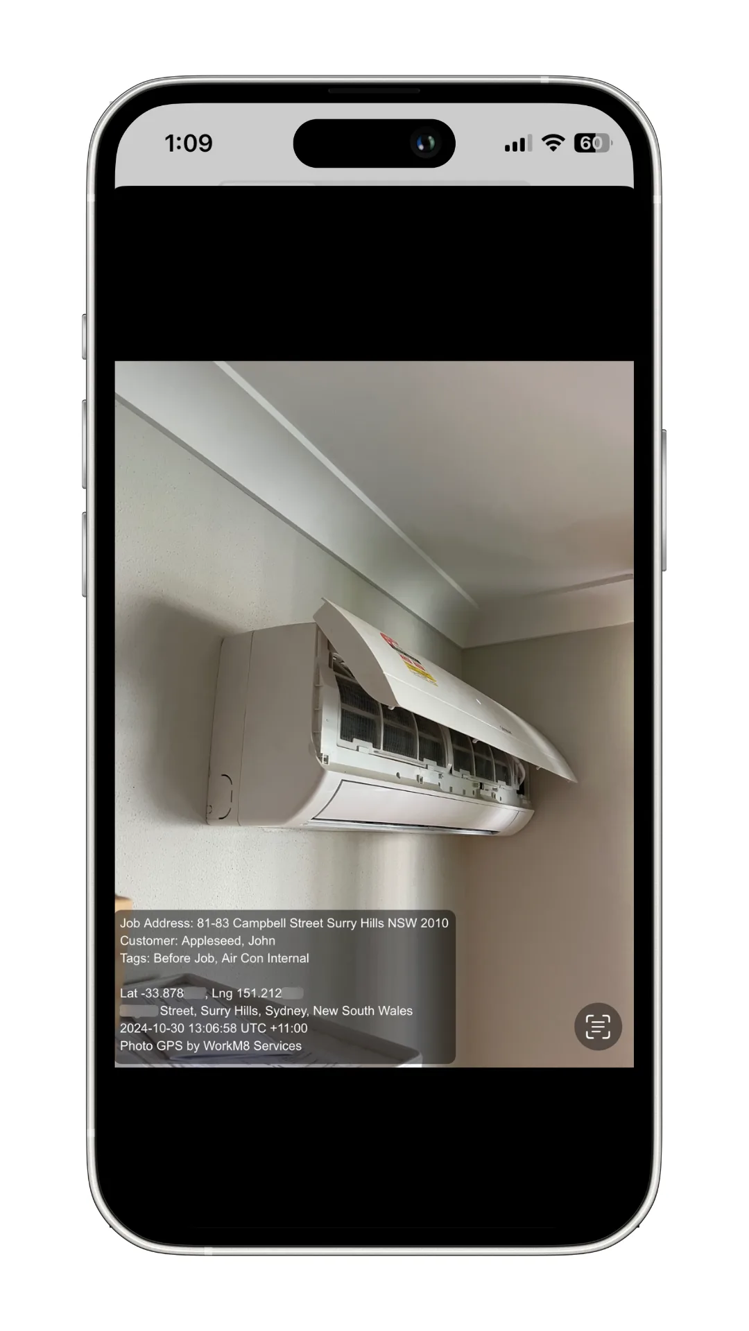 Photo GPS overlay rendered on a saved photo, showing coordinates and timestamp