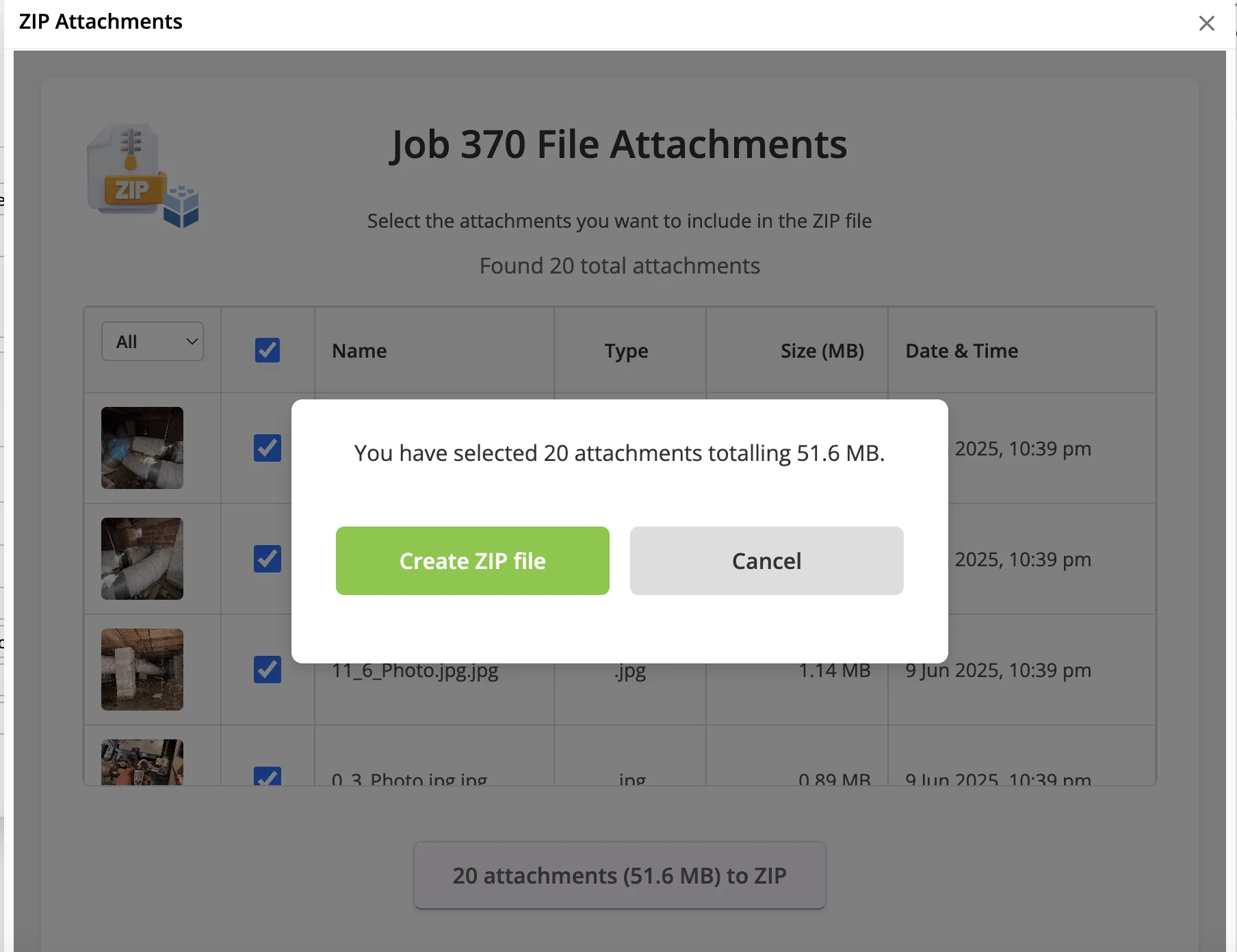 ZIP Attachments add-on user interface, screenshot 3