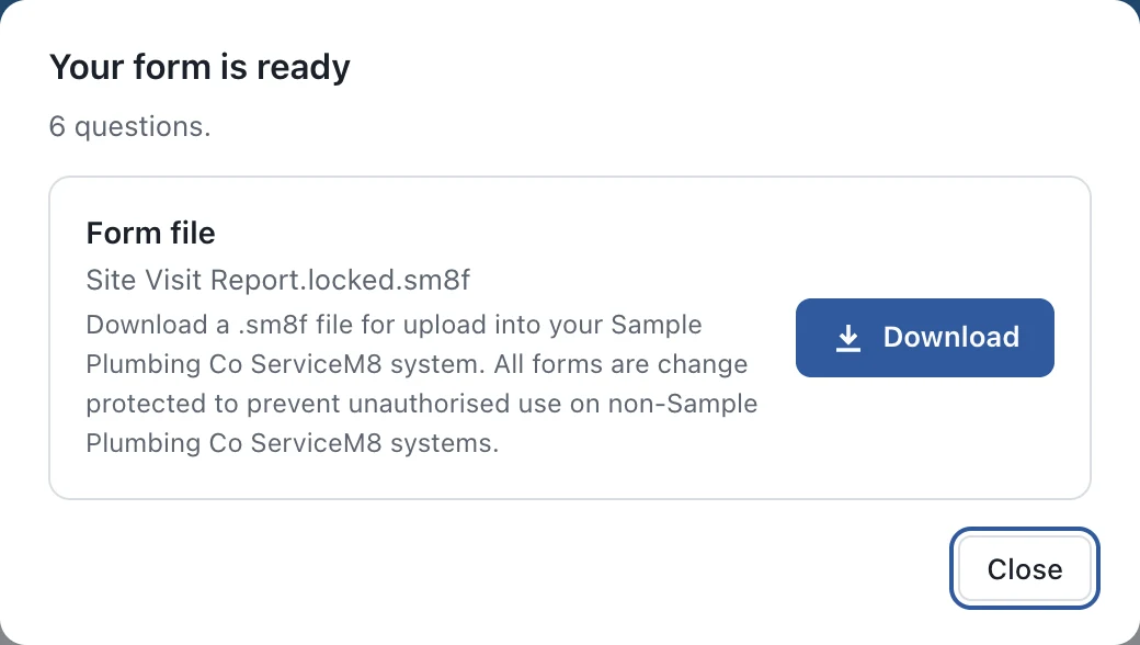 The Your form is ready box: Form file, Site Visit Report.locked.sm8f, with a Download button.