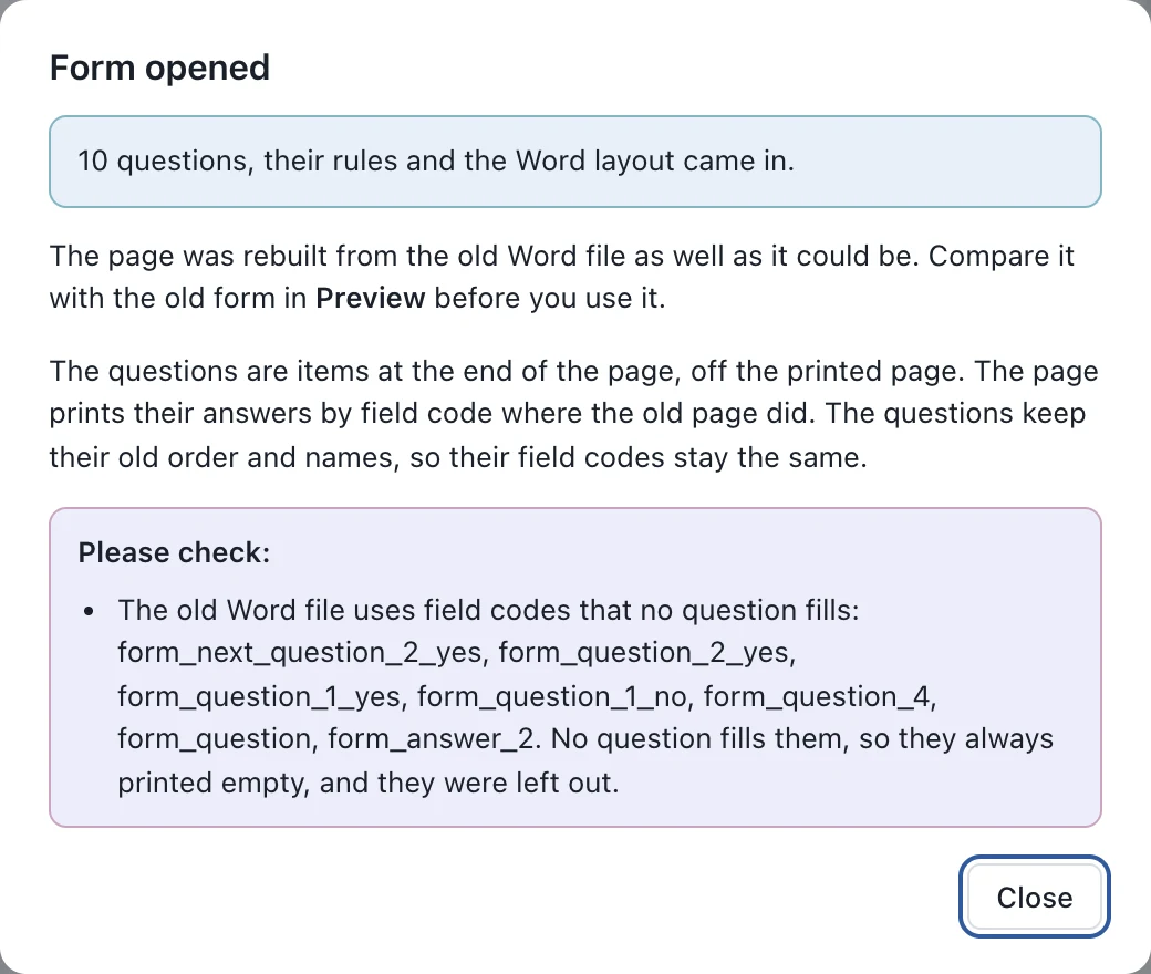 The Form opened box: 10 questions, their rules and the Word layout came in. The page was rebuilt from the old Word file as well as it could be. Below it, a Please check list.