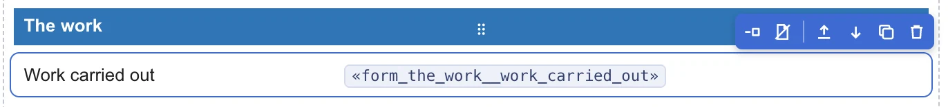 A question inside the section, with a blue frame and its toolbar.