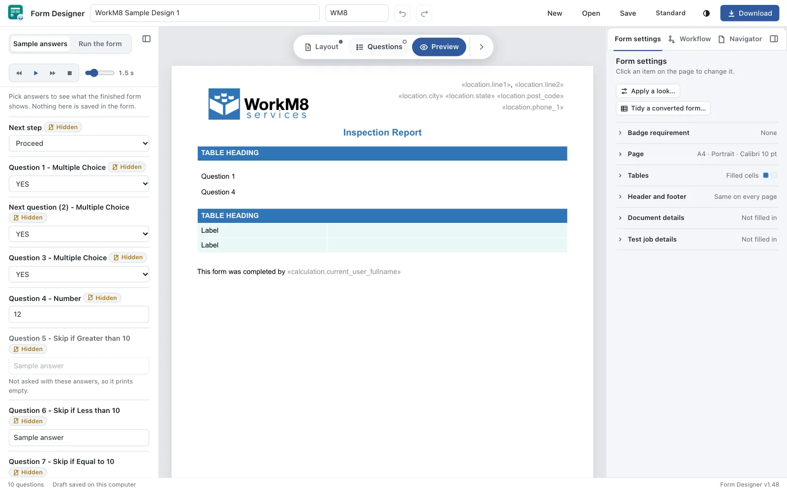 The opened form in Preview, with sample answers on the left.