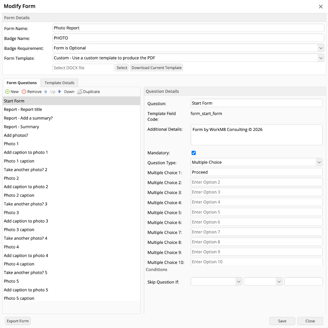 The ServiceM8 Modify Form box for a Photo Report: form details at the top, the list of questions, and the buttons Export Form, Save and Close at the bottom.