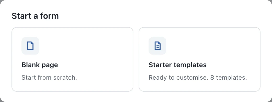 The Start a form box with two choices: Blank page, Start from scratch, and Starter templates, Ready to customise, 8 templates.