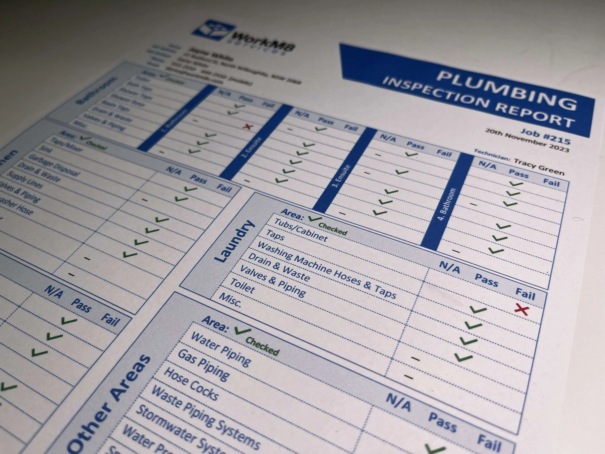 Plumbing Inspection Report — full-page customer-facing PDF output with branded layout, multiple sections, photo evidence, and signatures
